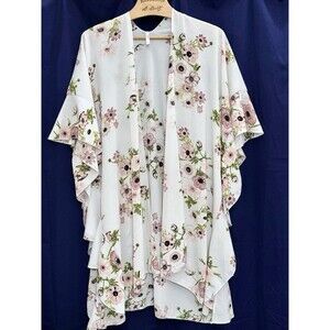 EUC Jack & Missy Floral Ruffled Kimono Cardigan Duster Lagenlook Wedding Spring